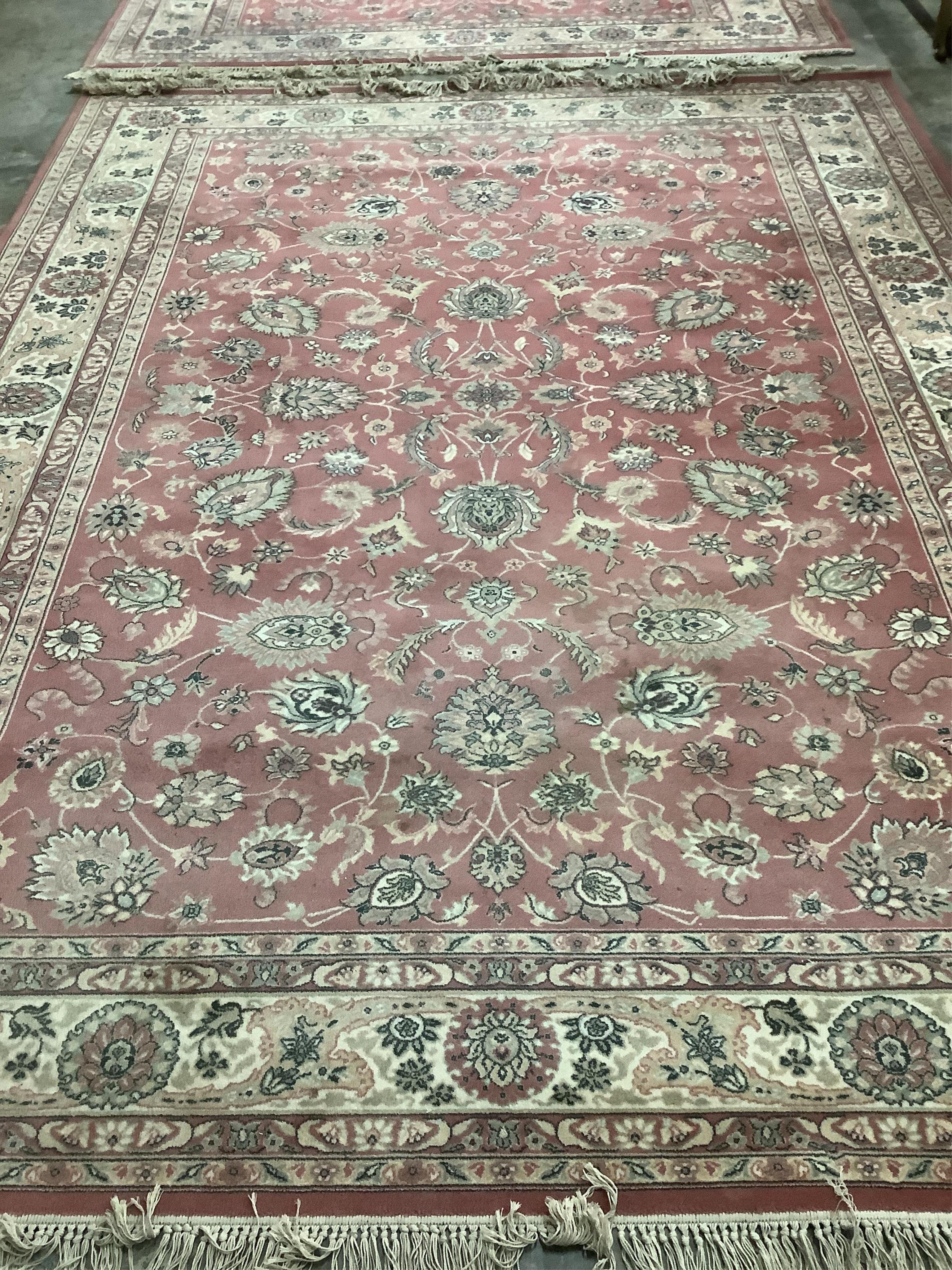A Kashan style peach ground machined carpet, 360 x 274cm. Condition - fair to good, will require cleaning.